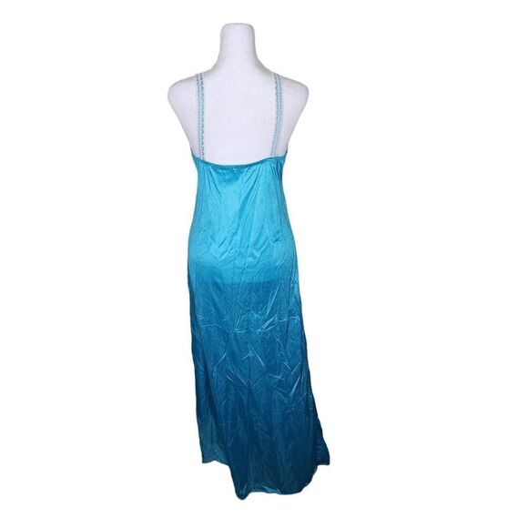 Vintage 70s Long Satin Lace Trim Night Gown Women Size S Turquoise Blue Nylon - Picture 4 of 7
